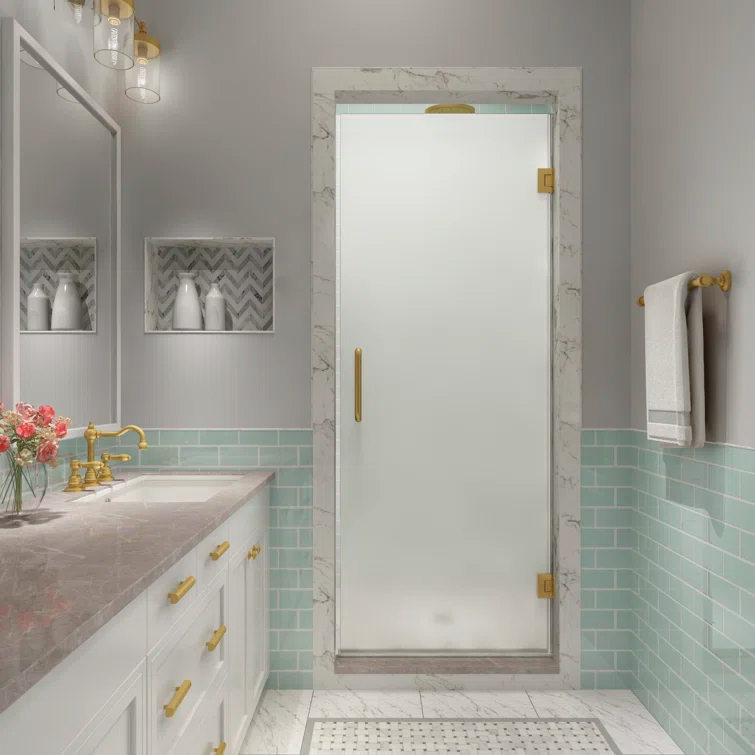 Kinkade XL 37.25" - 37.75" W x 80" HHinged Frameless Shower Door with Ultra-Bright Frosted Glass