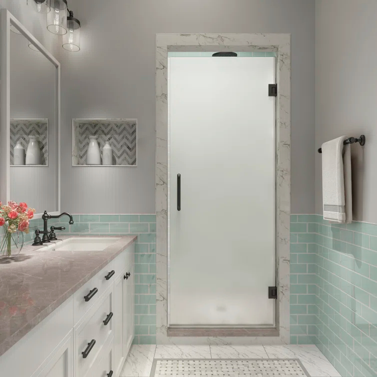Kinkade XL 32.75"-33.25" W x 80" H Hinged Frameless Shower Door with Ultra-Bright Frosted Glass