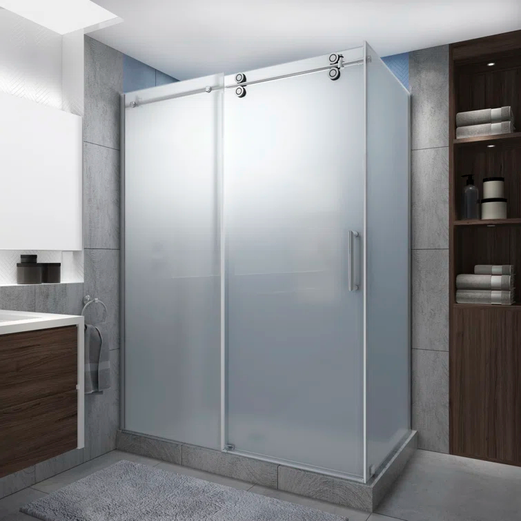 Langham XL 68" - 72" W x 32" D x 80" H Frameless Rectangle Sliding Shower Enclosure, Frosted Glass