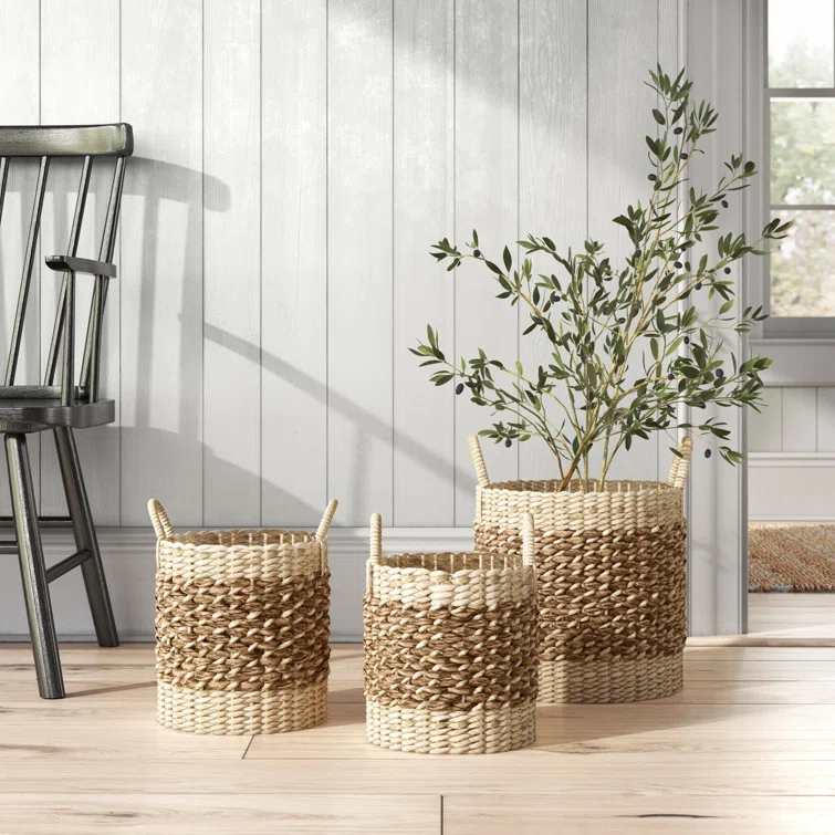 Coastal Wicker Basket With Handles - Set of 3