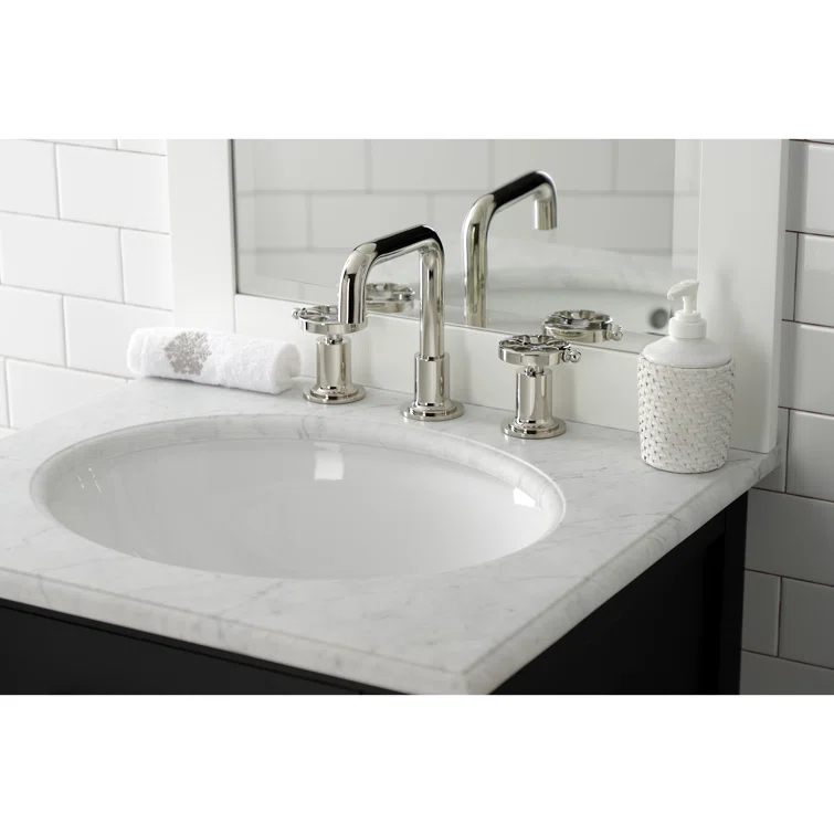 Kingston Brass Belknap Two-Handle 3-Hole Deck Mount Widespread Bathroom Faucet with Push Pop-Up Drain