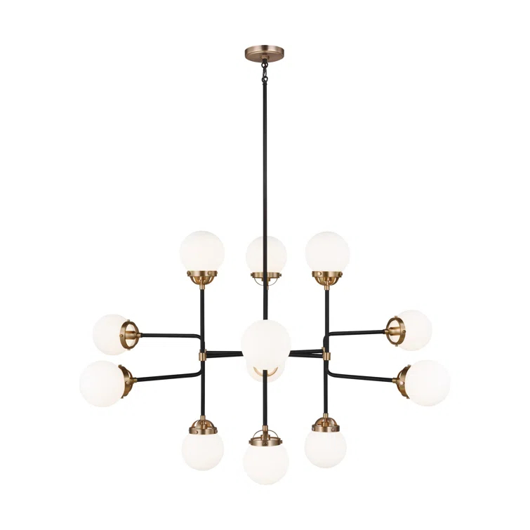 Cafe 12-Light Satin Brass Industrial Hanging Chandelier with Etched/White Inside Glass Shades