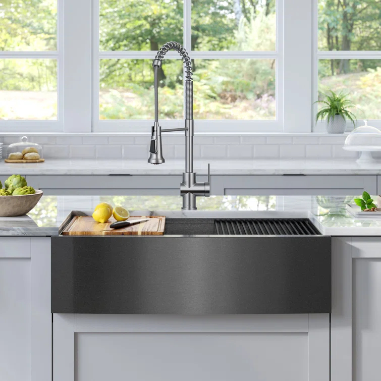 KRAUS Kore™ Workstation 33" L Farmhouse Apron Front 16 Gauge Black Stainless Steel Single Bowl Kitchen Sink