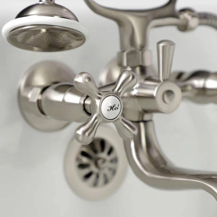 Kingston Brass Kingston Three-Handle 2-Hole Tub Wall Mount Clawfoot Tub Faucet with Handshower