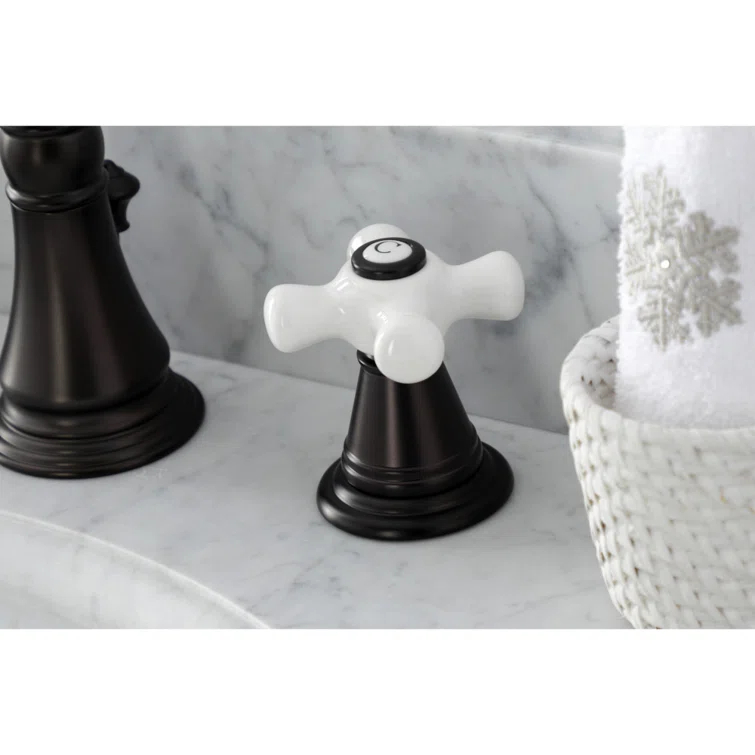 Kingston Brass American Classic Two-Handle 3-Hole Deck Mount Widespread Bathroom Faucet with Pop-Up Drain