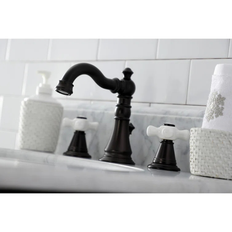 Kingston Brass American Classic Two-Handle 3-Hole Deck Mount Widespread Bathroom Faucet with Pop-Up Drain