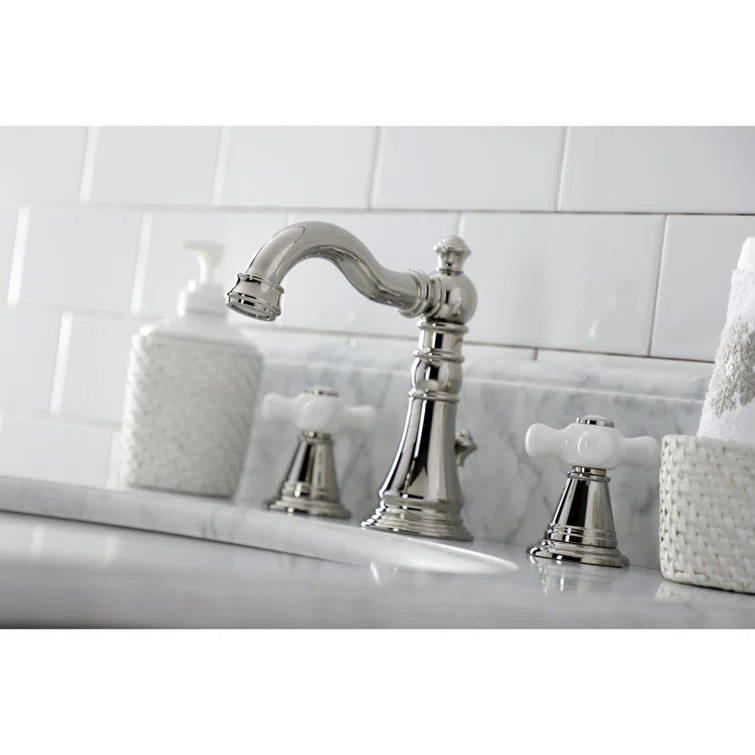 Kingston Brass American Classic Two-Handle 3-Hole Deck Mount Widespread Bathroom Faucet with Pop-Up Drain