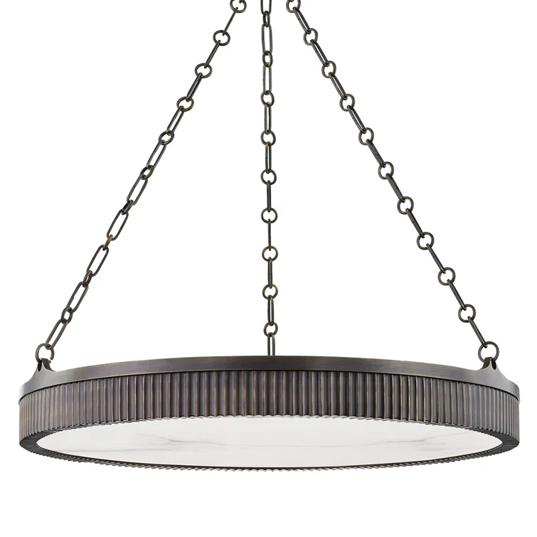 Distressed Bronze 8-Light LED Drum Pendant with Alabaster Shade