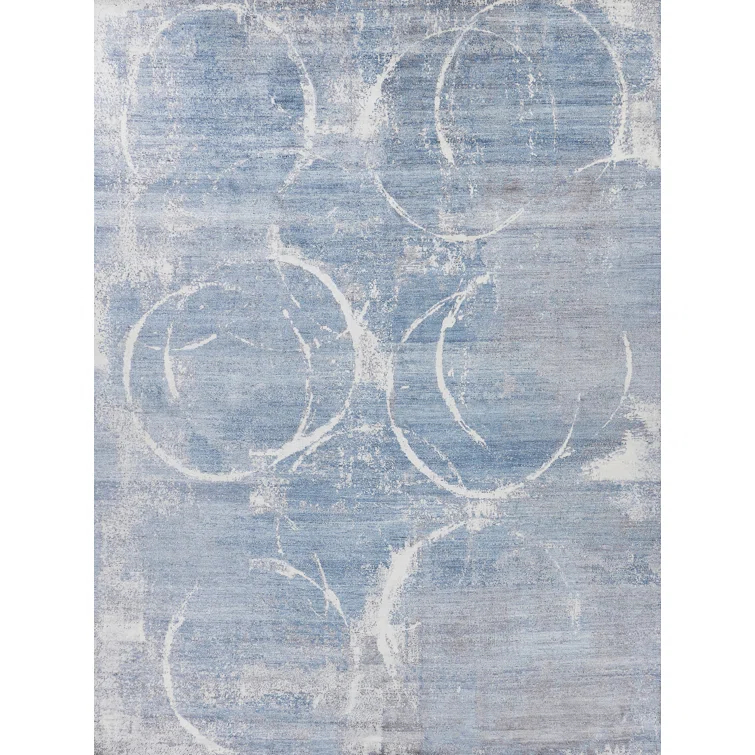 Exquisite Rugs Fine Pure Silk Handmade Hand Knotted Silk Blue/Gray/Ivory Area Rug