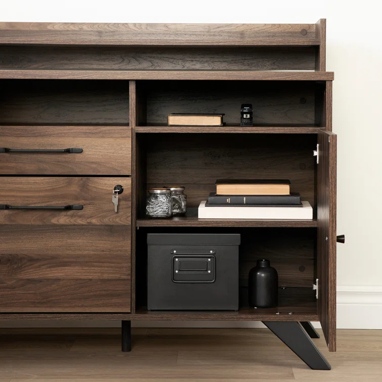 Helsy L-Shaped Desk with Power Bar and Removable Hutch Natural Walnut