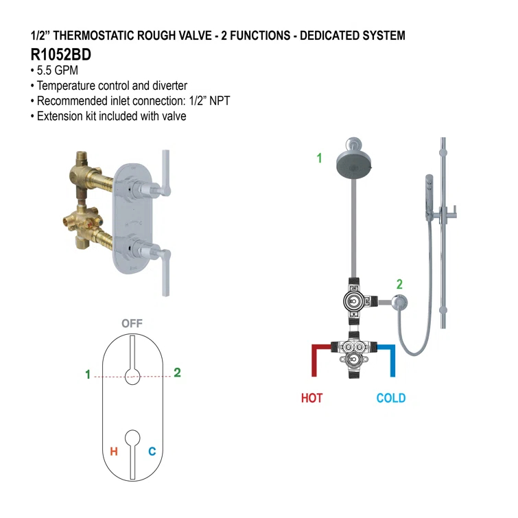Universal 1/2" Thermostatic Rough Valve-in with Integrated Two Outlet Dedicated Diverter