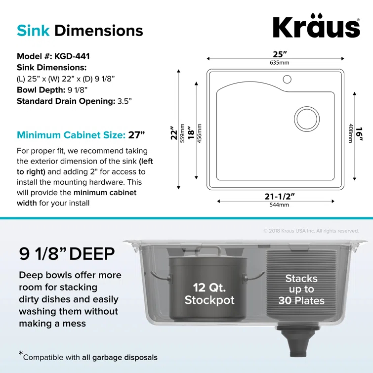 KRAUS Quarza™ 25" L Dual Mount Single Bowl Granite Kitchen Sink and Strainer