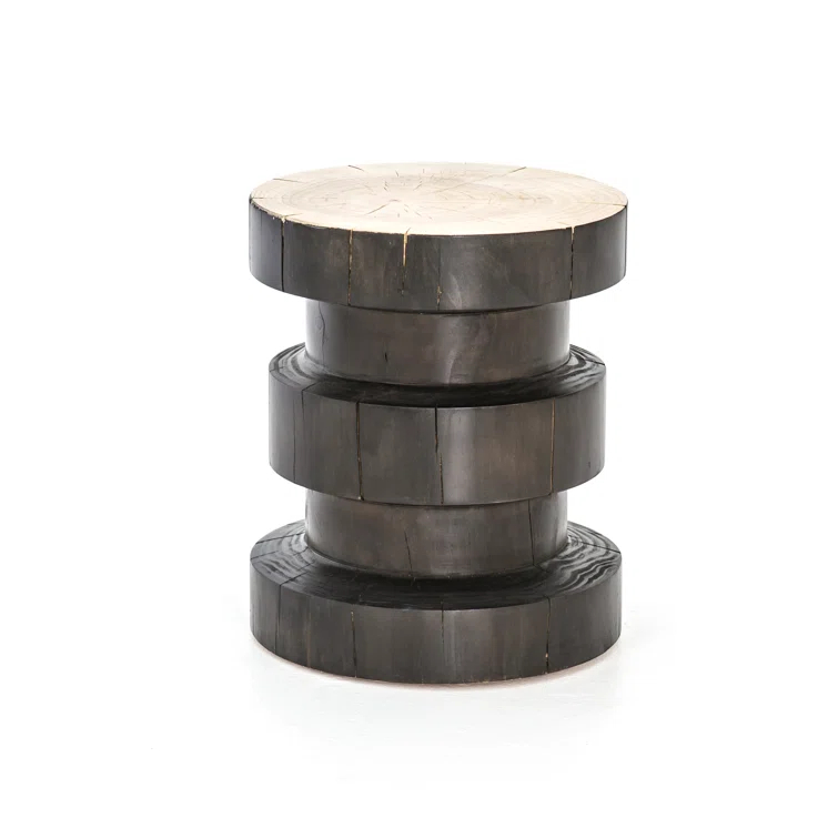 Modern Round Wood Drum End Table in Black and Natural Pine