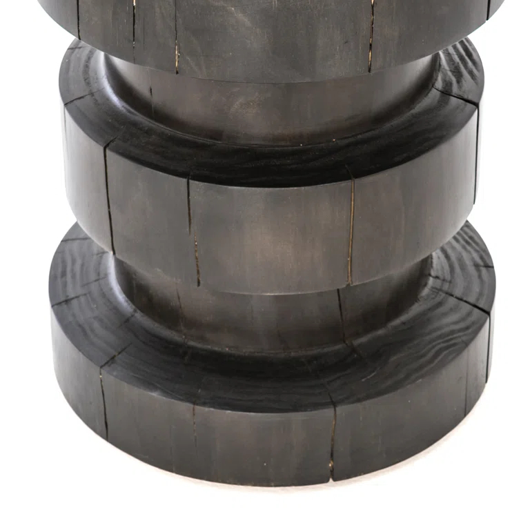 Modern Round Wood Drum End Table in Black and Natural Pine