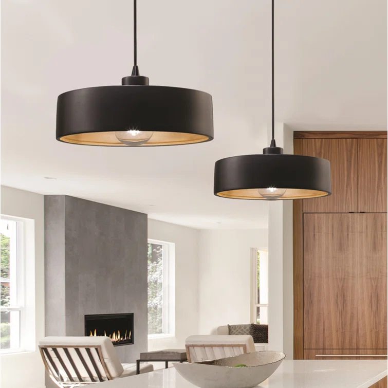 Matte Black and Bisque Ceramic Drum Pendant Light