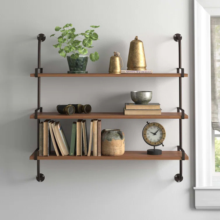 Wood 3 Level Wall Shelf with Black Metal Brackets