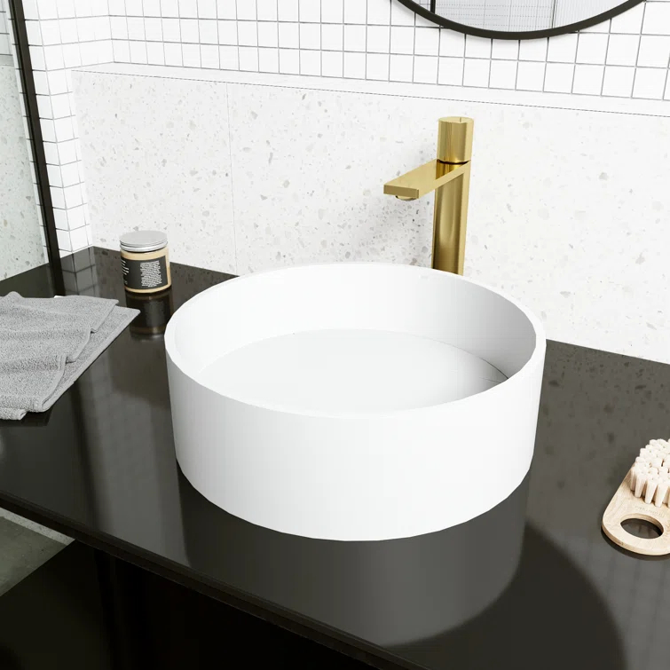 Montauk 15" L x 15" W x 5" H Round White Matte Stone™ Vessel Bathroom Sink with 12" H Faucet