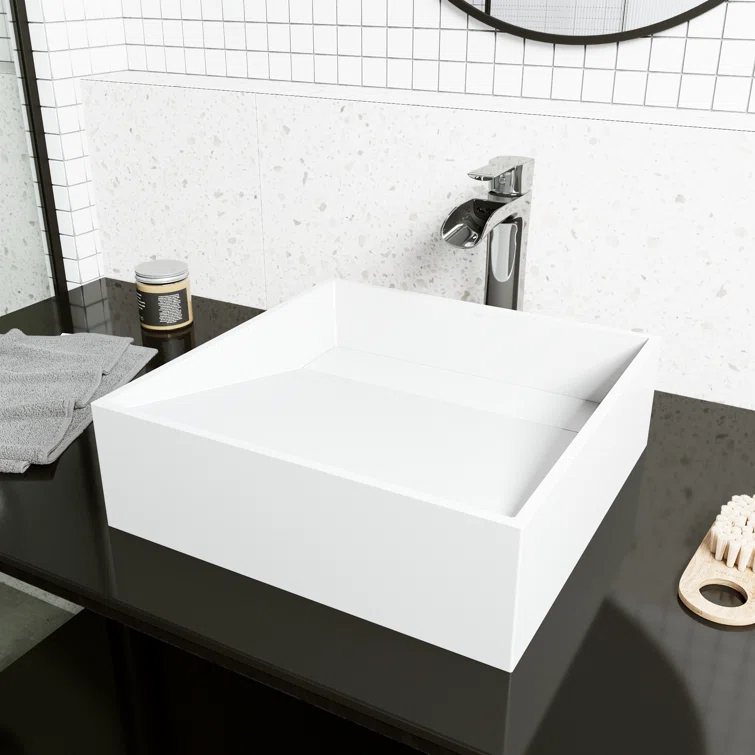VIGO VGT2037 Starr 15" L x 15" W x 5" H Square White Matte Stone™ Vessel Bathroom Sink with 11" H Faucet