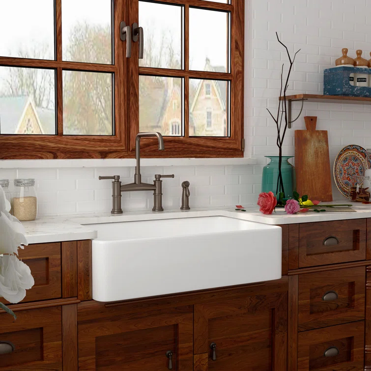 33" L x 20" W Fireclay Farmhouse Kitchen Sink with Sink Grid and Basket Strainer