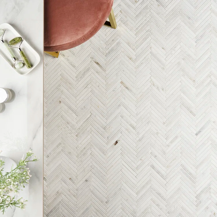 Polar White 11 in. x 11.61 in. Herringbone Polished Marble Mosaic Tile (0.89 Sq. Ft. / Sheet)