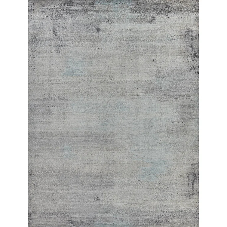 Hand-Knotted Ivory and Dark Gray Silk Abstract Rug