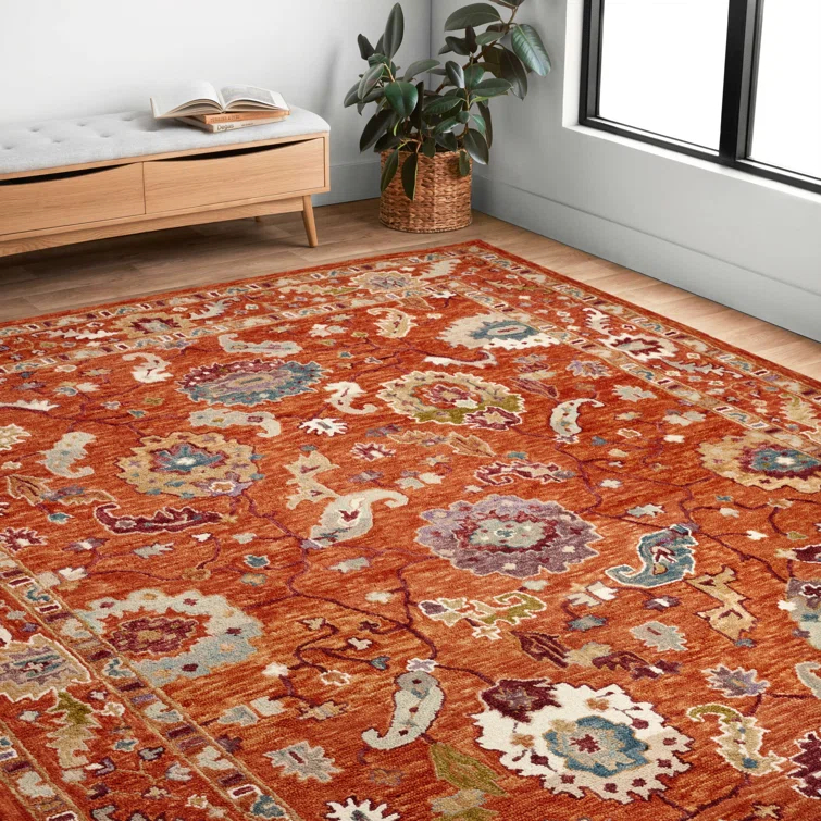 Fierros Floral Hand-Hooked Wool Orange Rug