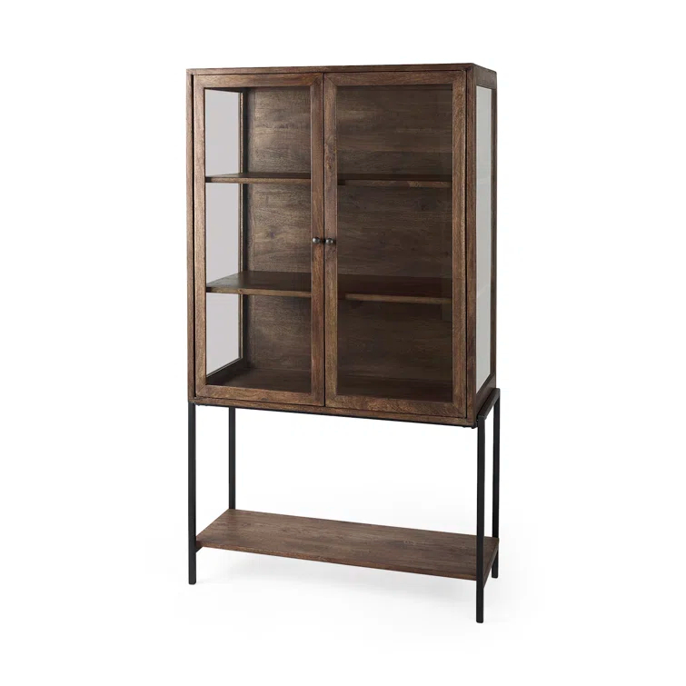 Medium Brown Mango Wood and Black Iron Curio Cabinet