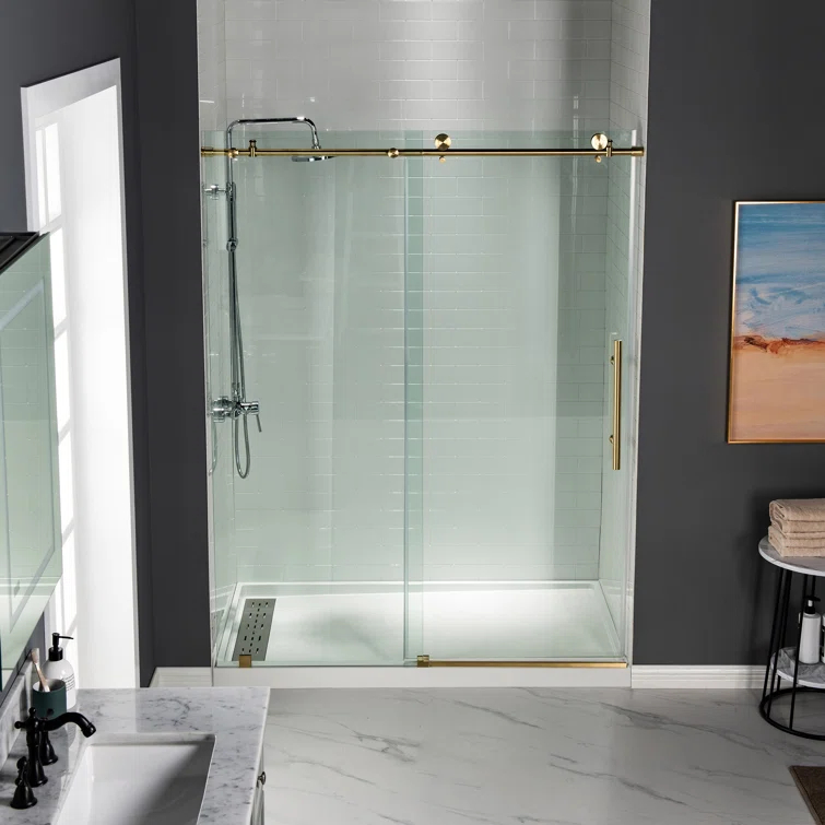 WoodBridge 56"-60" W x 76" H Single Sliding Frameless Shower Door | 3/8" (10mm) Thickened Upgrade Tempered Glass | Stainless Steel Hardware | Safe, Explosion-Resistant, Clear & Stylish, Sturdy & Durable MBSDC6076-BG