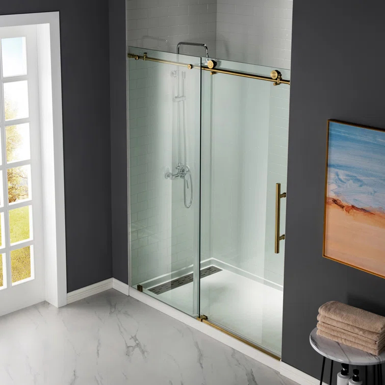 WoodBridge 56"-60" W x 76" H Single Sliding Frameless Shower Door | 3/8" (10mm) Thickened Upgrade Tempered Glass | Stainless Steel Hardware | Safe, Explosion-Resistant, Clear & Stylish, Sturdy & Durable MBSDC6076-BG