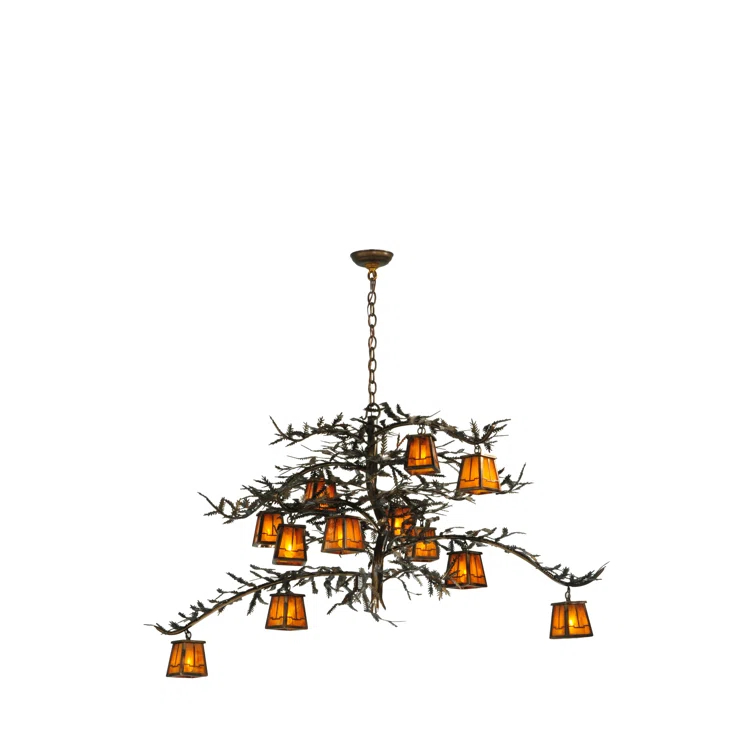 Rustic Pine Branch 12-Light Chandelier with Honey Art Glass and Antique Copper Finish