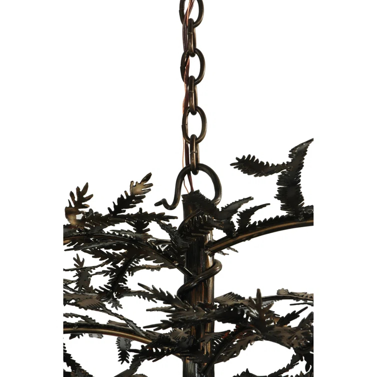 Rustic Pine Branch 12-Light Chandelier with Honey Art Glass and Antique Copper Finish