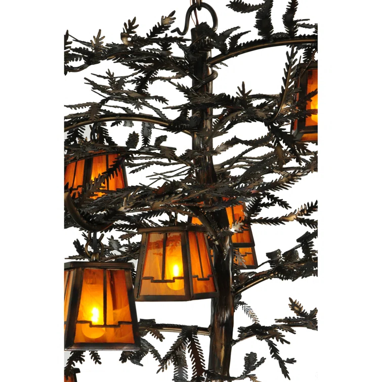 Rustic Pine Branch 12-Light Chandelier with Honey Art Glass and Antique Copper Finish