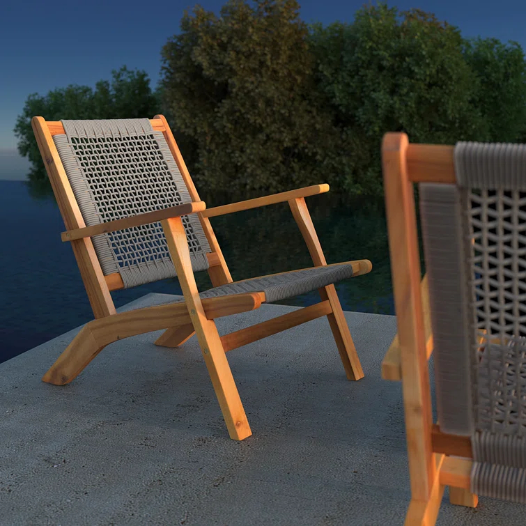 Balkene Home Patio Sense Vega Natural Stain Chair ,Acacia Wood Construction ,Woven Web Seat- Navy Blue Cording