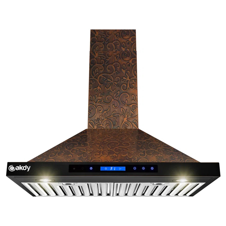 30-Inch Convertible Wall Mount Range Hood with Embossed Copper Vine Design, 343 CFM, 4 Fan Speeds, Touch Panel Controls, LED Lighting and Remote Control
