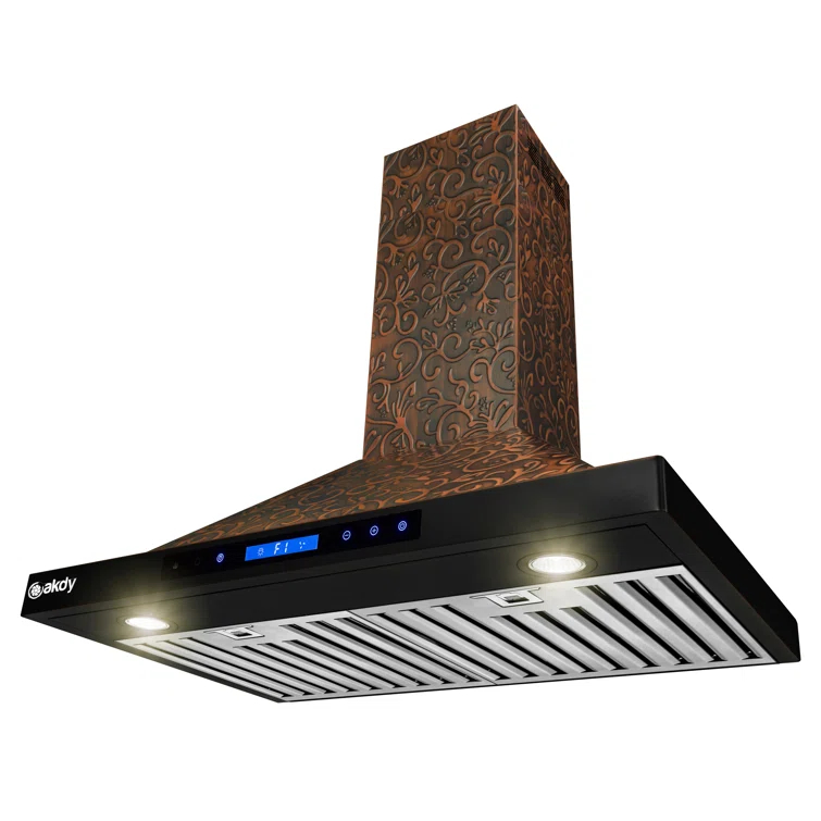 30-Inch Convertible Wall Mount Range Hood with Embossed Copper Vine Design, 343 CFM, 4 Fan Speeds, Touch Panel Controls, LED Lighting and Remote Control