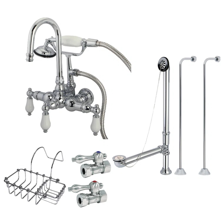 Kingston Brass Vintage Five-Handle 2-Hole Tub Wall Mount Clawfoot Tub Faucet Package with Supply Line, Hand Shower and Tub Drain
