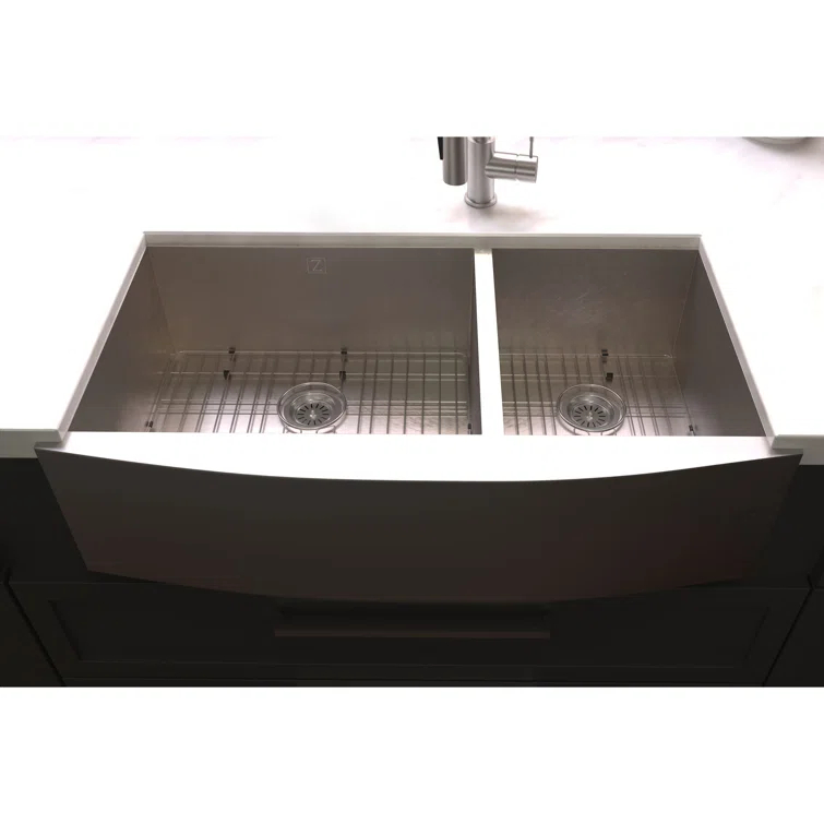 ZLINE 36 in. Courchevel Farmhouse Apron Mount Double Bowl DuraSnow Stainless Steel Kitchen Sink W/ Bottom Grid (SA60D-36S)