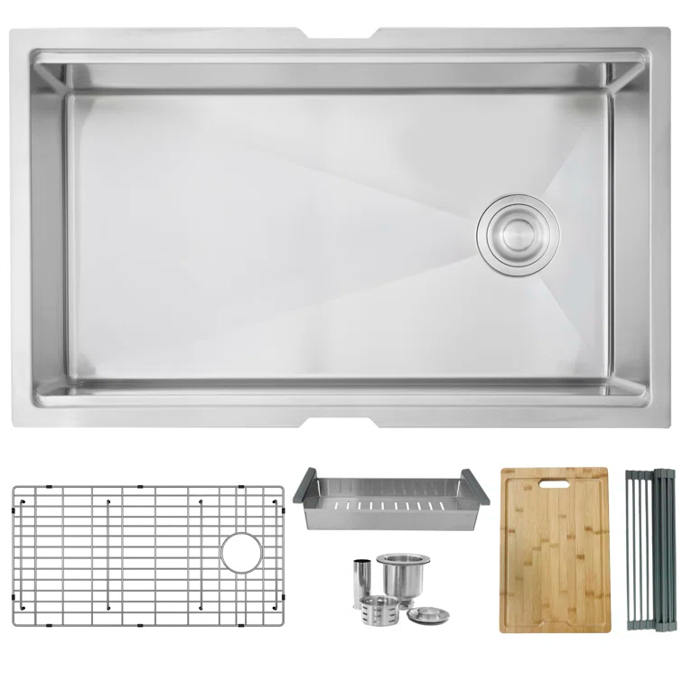 Versa STYLISH 33 inch Workstation Single Bowl Undermount 16G Kitchen Sink with Built in Accessories