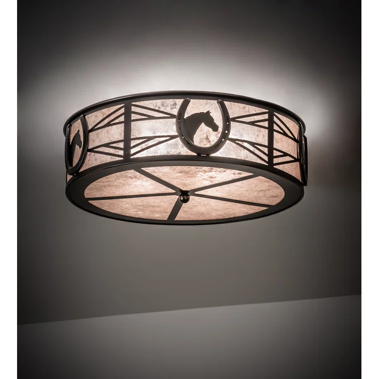 Mahogany Bronze Equestrian LED Drum Flush Mount with Silver Mica Shade