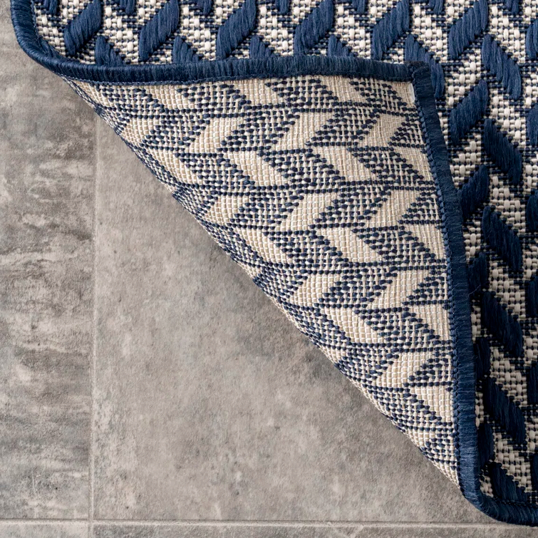 Jaylah Herringbone Chevron Navy Blue Indoor/Outdoor Area Rug