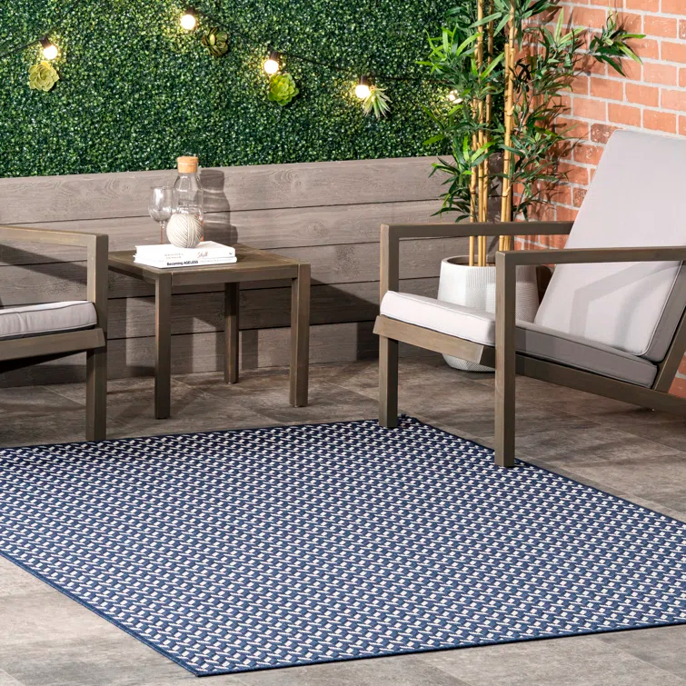 Jaylah Herringbone Chevron Navy Blue Indoor/Outdoor Area Rug