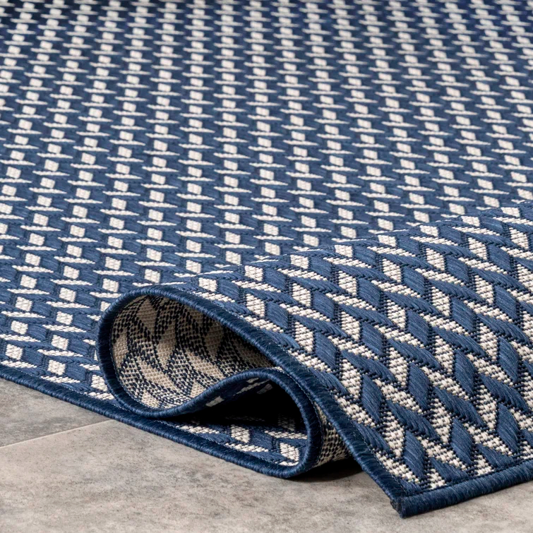 Jaylah Herringbone Chevron Navy Blue Indoor/Outdoor Area Rug