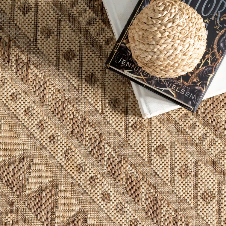 Steelside™ Zac Geometric Indoor/Outdoor Area Rug for Living Room Patio Deck Front Porch Kitchen, Brown/Ivory