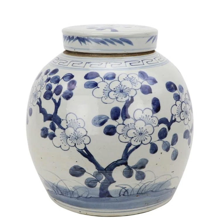 Hand-Painted Blue and White Porcelain Floral Ginger Jar