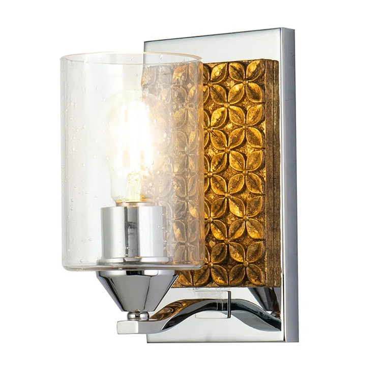 Arcadia Polished Chrome and Antiqued Gold Leaf Dimmable Sconce with Clear Bubble Glass