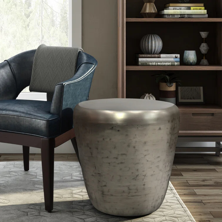 Garvy 20"W Metal Industrial End Table with Drum Design, Assembled