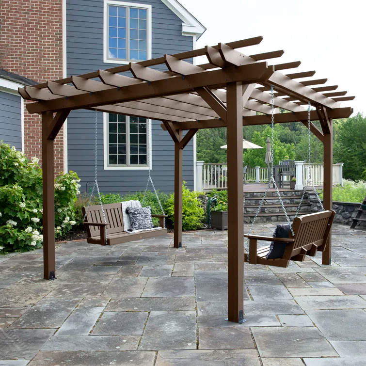 Highwood 12ft x 12ft Bodhi Lawn and Patio Pergola with Two Highwood 4ft Lehigh Swing