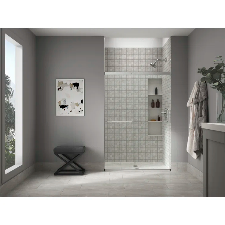 Elate Tall Sliding Shower Door, 75-1/2-In H X 44-1/4 - 47-5/8-In W, With Heavy 5/16-In Thick Crystal Clear Glass