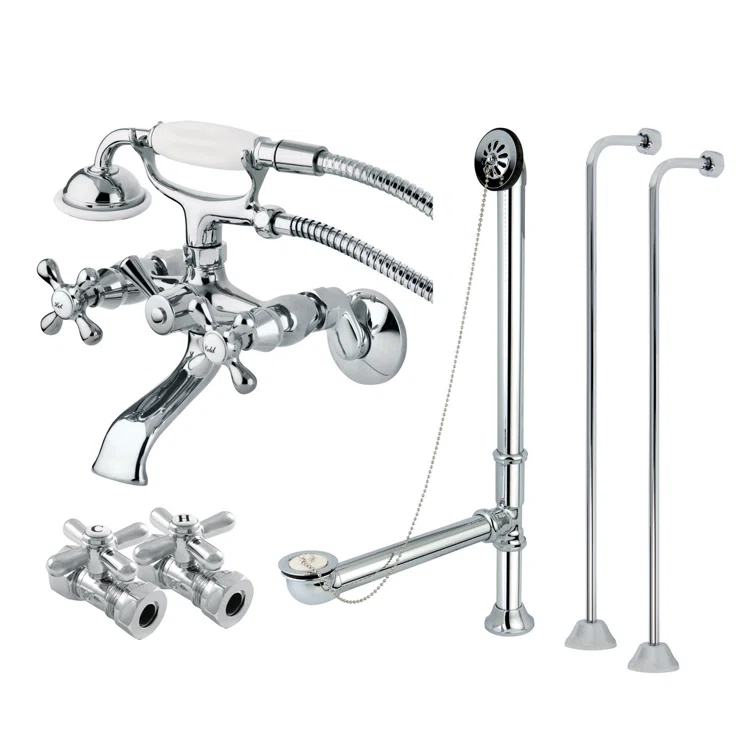 Kingston Brass Vintage Two-Handle 2-Hole Tub Wall Mount Clawfoot Tub Faucet Package with Supply Line, Hand Shower and Tub Drain