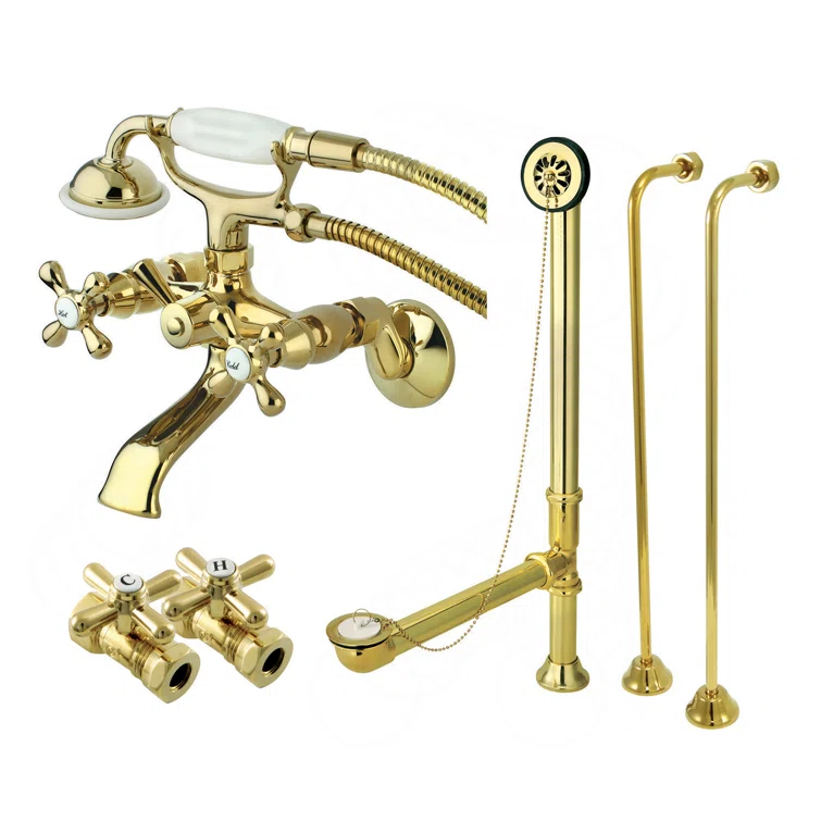Kingston Brass Vintage Two-Handle 2-Hole Tub Wall Mount Clawfoot Tub Faucet Package with Supply Line, Hand Shower and Tub Drain